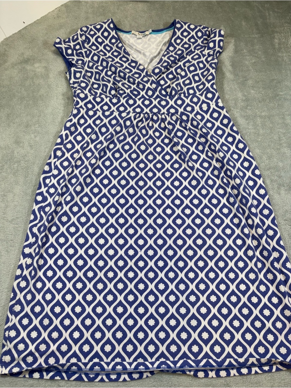 Boden Blue & White Geometric Jersey V-Neck A-Line Dress - Size 10R